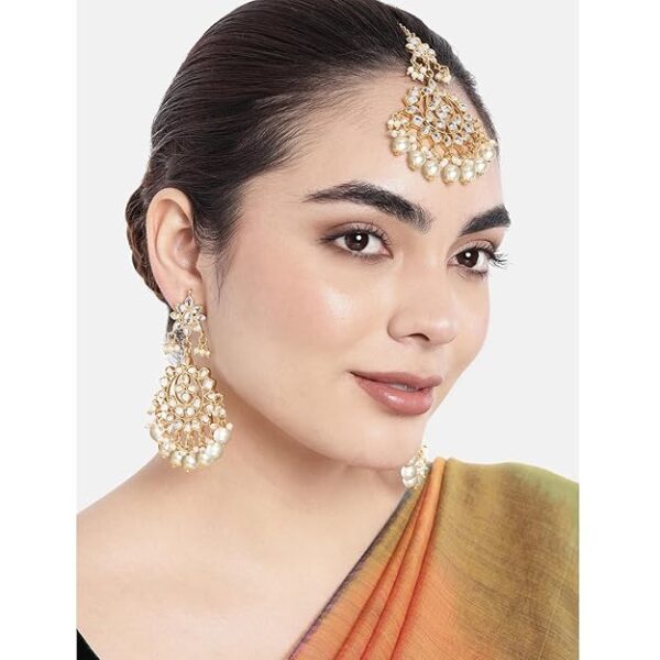 Peora Traditional Gold Plated Kundan Blue Faux Pearl Wedding Chandbali Earrings with Maang Tikka Jewellery Set for Women Girls - Image 3