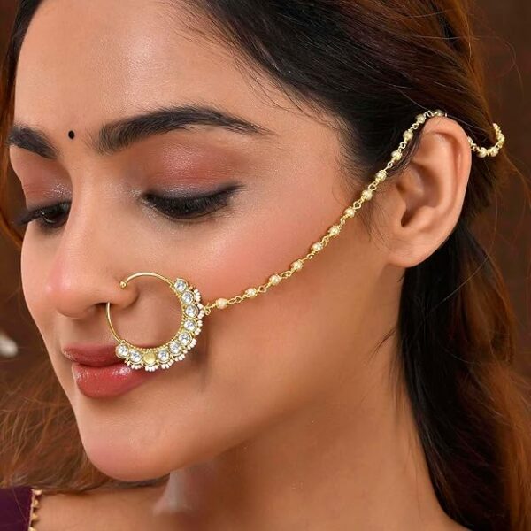Kundan Elegance Shahi Noor Nath Nose Ring For Women|Women Gold Nose Rings|Kundan Polki Nose Rings|Gift For Her|Women Gifts|Gift For Valentine|Valentine Gifts|Raksha Bandhan Gifts|Gift For Sister - Image 4