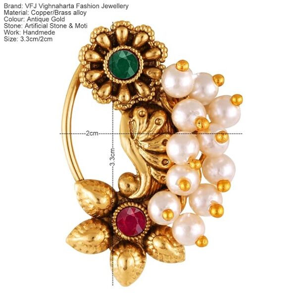 Vighnaharta Golden Moti Pearls Nath Nathiya nose pin Gold Plated Alloy two Nose Ring for woment [VFJ1134Red-1180NTH-Press-Multi] - Image 2