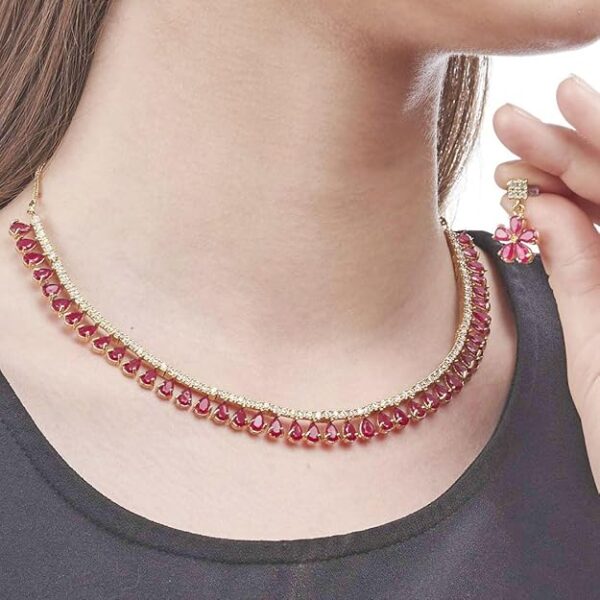 Zeneme Jewellery Set Gold Plated American Diamond Necklace Set with Earrings Jewellery for Women & Girls - Image 6