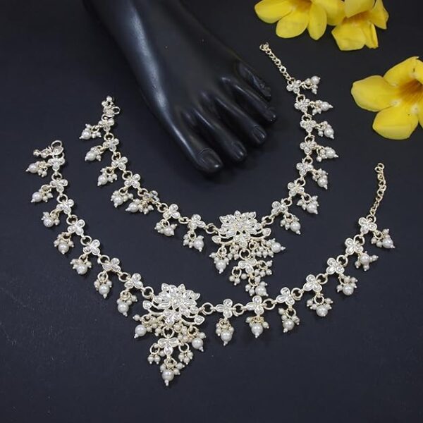 I Jewels Traditional Gold Plated Adjustable Kundan Pearl Payal Anklets Jewellery for Women - Image 5