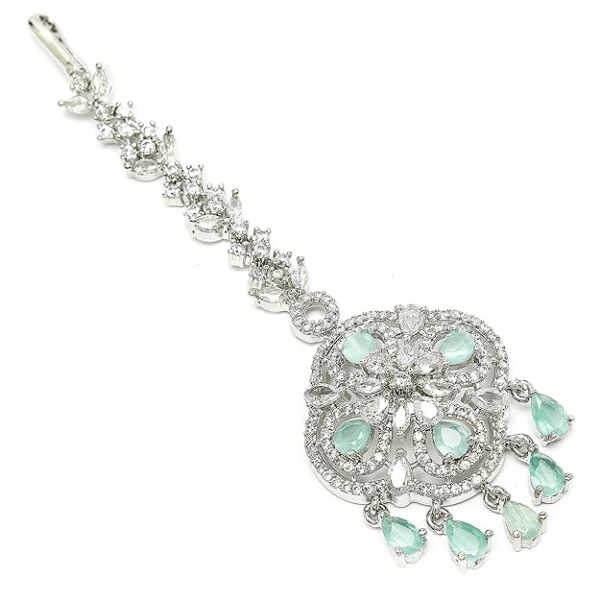 Zeneme Floral Brass Maang Tikka for Wedding Rhodium Plated American Diamond Studded Silver Toned Maang Tikka for Women & Gift For Girls