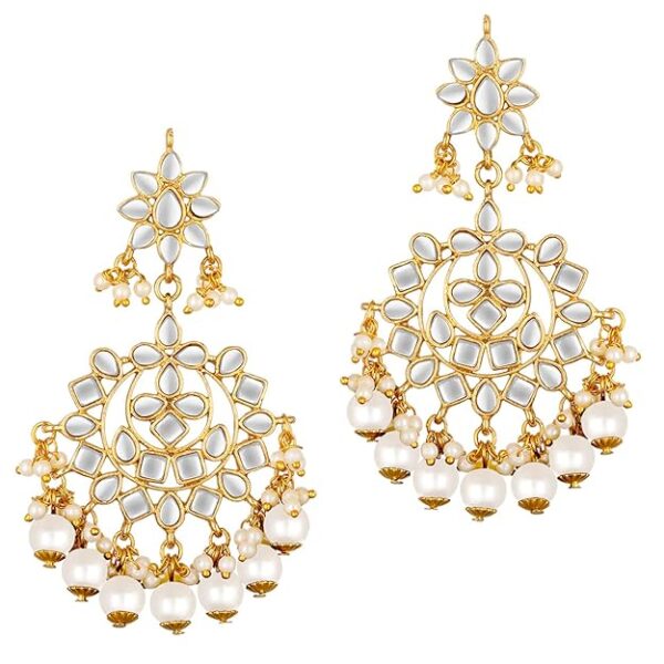 Peora Traditional Gold Plated Kundan Blue Faux Pearl Wedding Chandbali Earrings with Maang Tikka Jewellery Set for Women Girls - Image 2