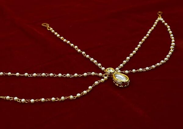 Kyoot Jewels Kundan Matha Patti Gold Pearl Sheeshphool Bridal Maang Tika Traditional Head band Jewellery for Women and Girls - Image 2