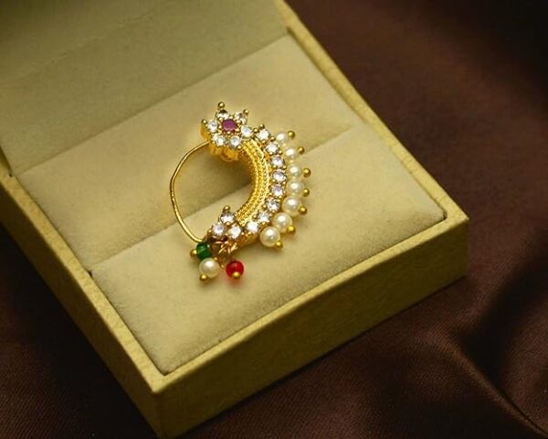JEWELOPIA Maharashtrian Nath CZ Nose pin Traditional Bridal Nath Wedding Jewellery Marathi AD Nose Stud non piercing Pearl Gold Plated Clip On Press Nath Nose Ring For Girls - Image 3