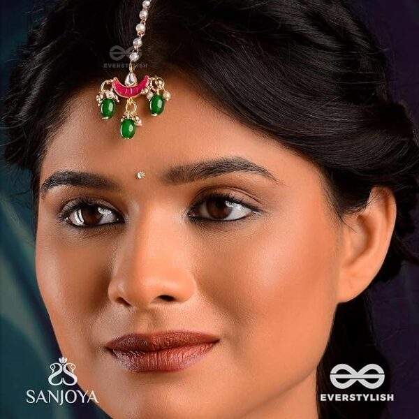 SANJOYA by EVERSTYLISH Kundan Maang Tikka for Women | Moon-Inspired Pearl & Green Drop Bridal Headpiece | Ethnic Jewelry for Weddings & Festive Occasions - Image 6