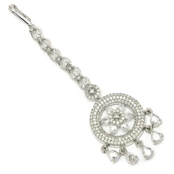 Zeneme Elegant Silver Plated Beautiful American Diamond & CZ Studded Crystal Maang Tikka for Women and Girls