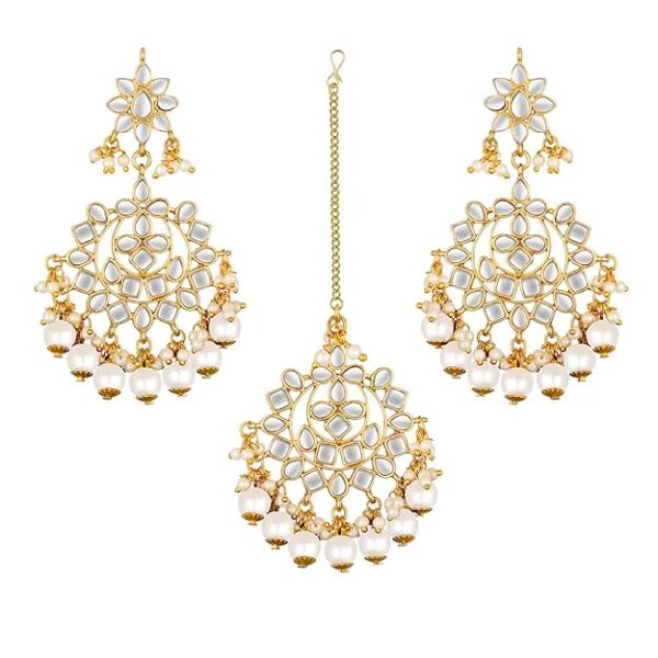 Peora Traditional Gold Plated Kundan Blue Faux Pearl Wedding Chandbali Earrings with Maang Tikka Jewellery Set for Women Girls