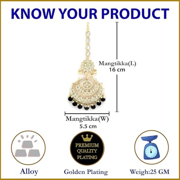 Zeneme 18K Gold Plated Traditional Kundan Studded with Pearls Maang Tikka for Women/Girls - Image 2