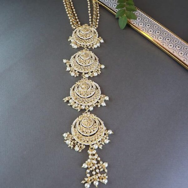I Jewels Gold Plated Traditional Handcrafted White Kundan and Pearl Studded Paranda/Hair Braid Pin Choti For Bridal Perfect for Wedding (T2096W) - Image 6