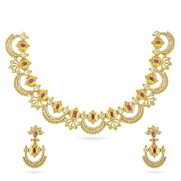 Rubans 24K Gold-Plated Cubic Zirconia & Pearl Beaded Temple Jewellery Set in Crescent Motif Design for Women – Weddings, Festive Occasions & Traditional Ceremonies