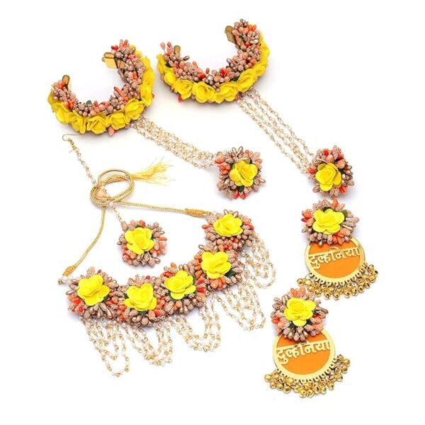 RKG HANDICRAFTS Womens Beautiful Artificial Orange, Yellow & Golden Color Flower Jewelry Set For Haldi Bridal Jewellery Wedding Jewelry Jewelry For Mehndi And Haldi