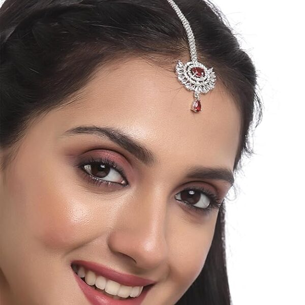 Zeneme Maang Tikka for Women Beautiful AD/American Diamond Studded Rose Gold Plated Crystal Maang Tikka for Women and Girls - Image 3