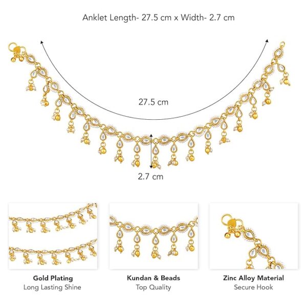 Peora Gold Plated White Kundan & Beads Studded Ethnic Anklet Traditional Payal Jewellery for Women - Image 3