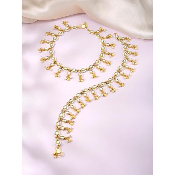 Peora Gold Plated White Kundan & Beads Studded Ethnic Anklet Traditional Payal Jewellery for Women - Image 4