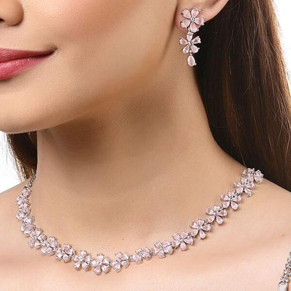ZENEME Rhodium Plated Silver Toned White American Diamond Studded Flower Shaped Jewellery Set For Girls and Women - Image 4