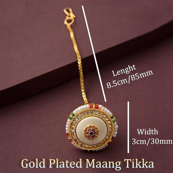 VAMA FASHIONS Gold Tone Circular Bell Shape Maang Tikka with Beads White Stones Traditional Hair Accessory for Women & Girls - Image 4