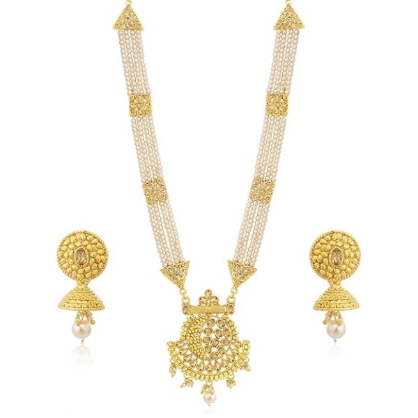 Sukkhi Classic LCT Gold Plated Wedding Jewellery Pearl Long Haram Necklace Set For Women (N83782)