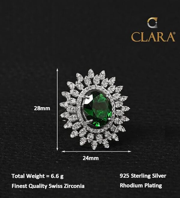 CLARA 925 Sterling Silver Emerald Adjustable Cocktail Ring | Rhodium Plated, Swiss Zirconia | Jewellery Gift for Women and Girls - Image 2