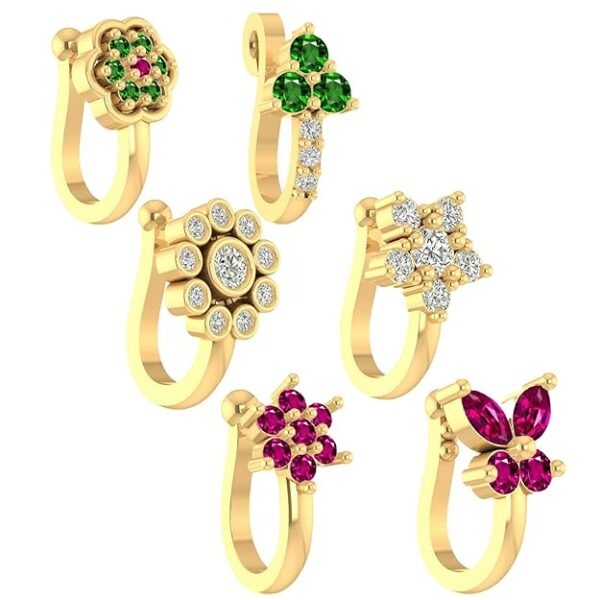VAMA Gold Plated Clip on Nose pin without Hole Non Piercing Pressing Type Nose ring Stud for Women & Girls