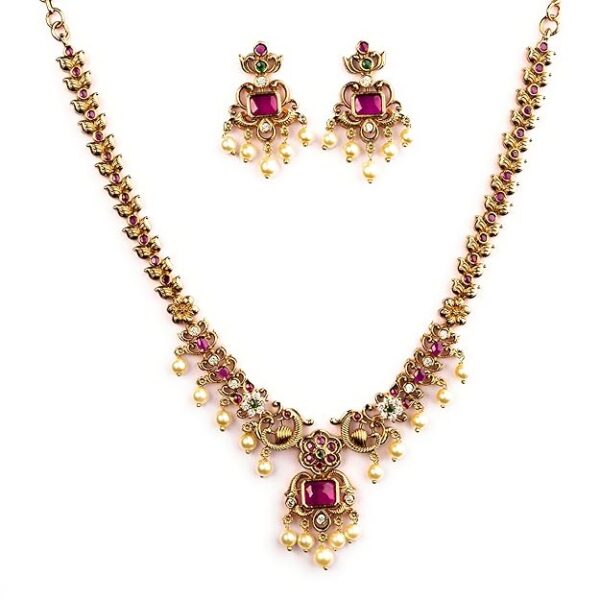 Sasitrends Enchanting Gold Plated Peacock and Floral Pearl Necklace Jewellery Set for Women & Girls