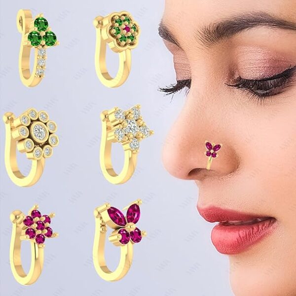 VAMA Gold Plated Clip on Nose pin without Hole Non Piercing Pressing Type Nose ring Stud for Women & Girls - Image 3