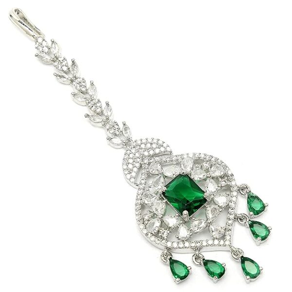 Zeneme Sparkling American Diamond Maang Tikka for Women | Elegant Floral Design Silver Plated Maang Tikka for Wedding - Traditional Head Jewellery for Women