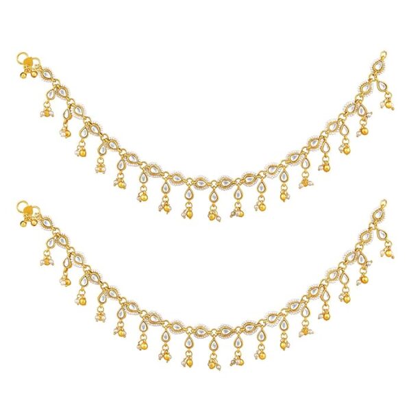 Peora Gold Plated White Kundan & Beads Studded Ethnic Anklet Traditional Payal Jewellery for Women