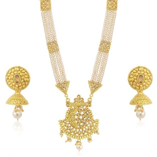 Sukkhi Classic LCT Gold Plated Wedding Jewellery Pearl Long Haram Necklace Set For Women (N83782) - Image 3