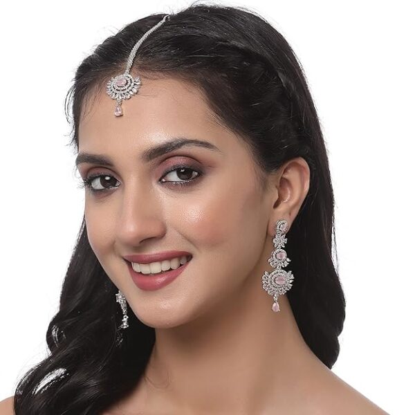 ZENEME Rose Gold Plated American Diamond Studded Maang Tikka & Earrings Jewellery Set For Woment and Girl - Image 6