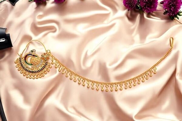 Meira Jewellery Gold Plated Traditional Ethnic Bridal Nose ring Nosepin Piercing nath with Pearls chain for Women n Girls-N 2636 - Image 2