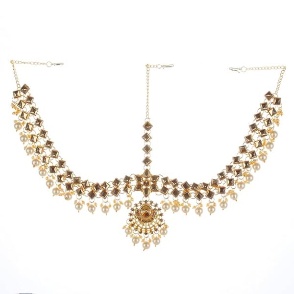 Lucky Jewellery Designer Gold Plated Dhanteras/Diwali/Bhai Dooj Collection LCT Gold Color Moti Pearl Maang Tikka Stone Damini Wedding Mathapatti for Girls & Women (413-L1PK-31-LCT)