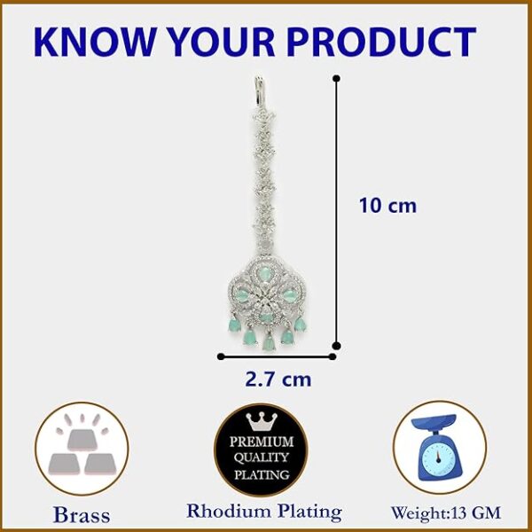 Zeneme Floral Brass Maang Tikka for Wedding Rhodium Plated American Diamond Studded Silver Toned Maang Tikka for Women & Gift For Girls - Image 2