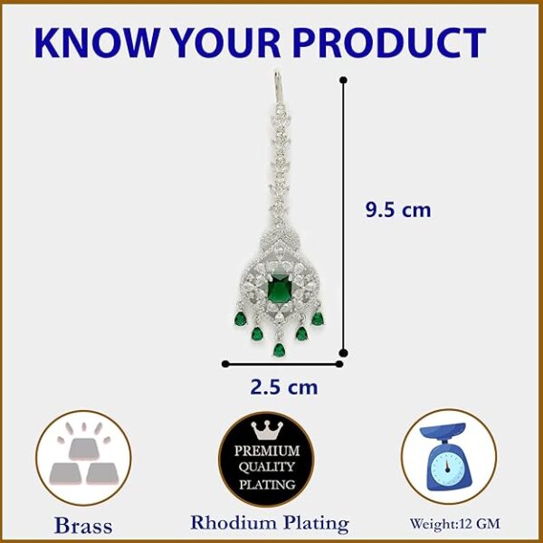 Zeneme Sparkling American Diamond Maang Tikka for Women | Elegant Floral Design Silver Plated Maang Tikka for Wedding - Traditional Head Jewellery for Women - Image 2