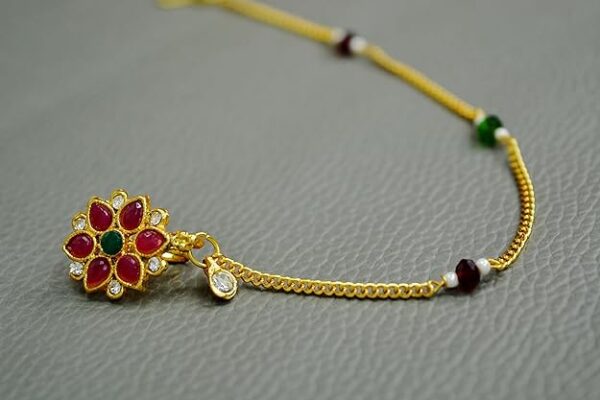 KYOOT JEWELS Traditional Gold-Plated Bridal Nath Cubic zirconia, Ruby Stone & Emerald Studded Gold Chain Non-Pierced Clip-on Nathiya For Women and Girls - Image 4