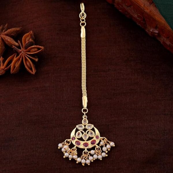 Estele Maang Tikka for Women Gold Plated CZ Traditional Kundan Studded Maang Tikka with White Pearls for Girls and Women-AD-MT-009-IG TIKAA - Image 5