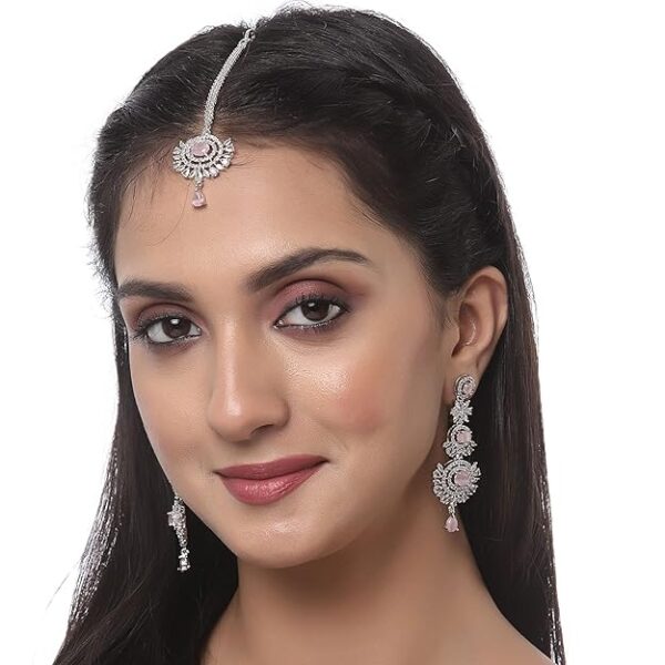 ZENEME Rose Gold Plated American Diamond Studded Maang Tikka & Earrings Jewellery Set For Woment and Girl - Image 4