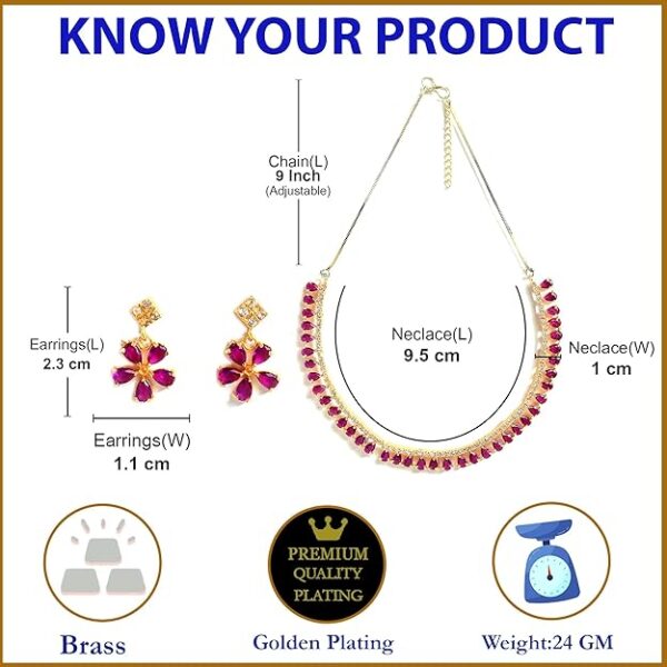 Zeneme Jewellery Set Gold Plated American Diamond Necklace Set with Earrings Jewellery for Women & Girls - Image 3