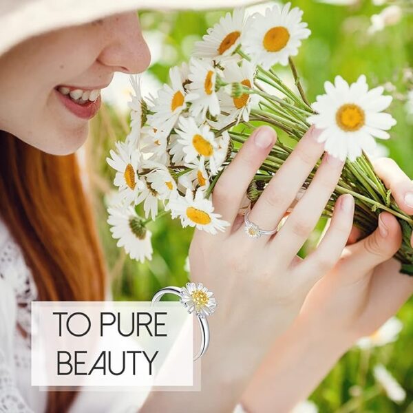 SYOSI Daisy Rings, 3 Pcs Adjustable Daisy Rings Open Band Rings for Women Men Wedding Anxiety Flower Rings Silver Stacking Rings for Women Girls Jewelry Sets Japanese Small Chrysanthemum Rings, - Image 2