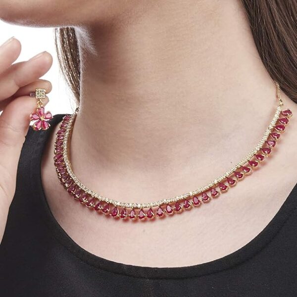 Zeneme Jewellery Set Gold Plated American Diamond Necklace Set with Earrings Jewellery for Women & Girls - Image 4