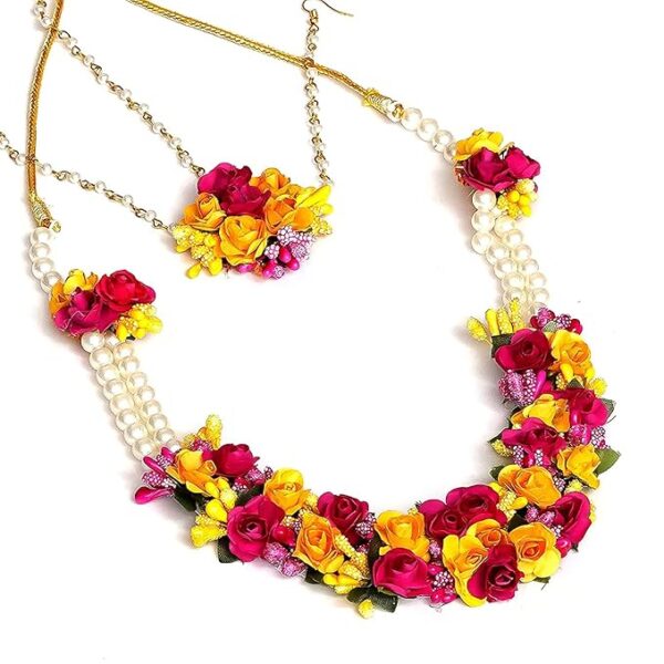 Sanvatsar Fabric & Paper Flower Jewellery Set for Women & Girls for haldi/Mehandi/Engagement/Wedding/Marriage(Nazz Yellow Pink) - Image 3