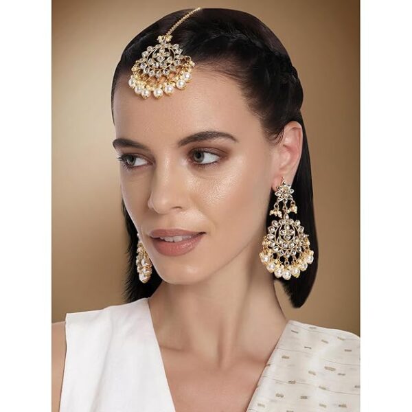 Peora Traditional Gold Plated Kundan Blue Faux Pearl Wedding Chandbali Earrings with Maang Tikka Jewellery Set for Women Girls - Image 6