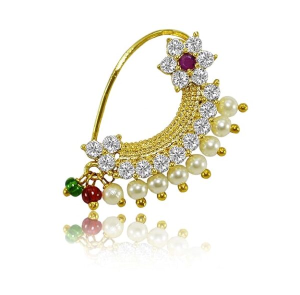 JEWELOPIA Maharashtrian Nath CZ Nose pin Traditional Bridal Nath Wedding Jewellery Marathi AD Nose Stud non piercing Pearl Gold Plated Clip On Press Nath Nose Ring For Girls