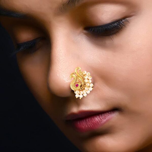 Vighnaharta Golden Moti Pearls Nath Nathiya nose pin Gold Plated Alloy two Nose Ring for woment [VFJ1134Red-1180NTH-Press-Multi] - Image 6