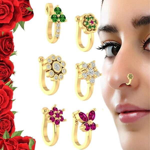 VAMA Gold Plated Clip on Nose pin without Hole Non Piercing Pressing Type Nose ring Stud for Women & Girls - Image 5
