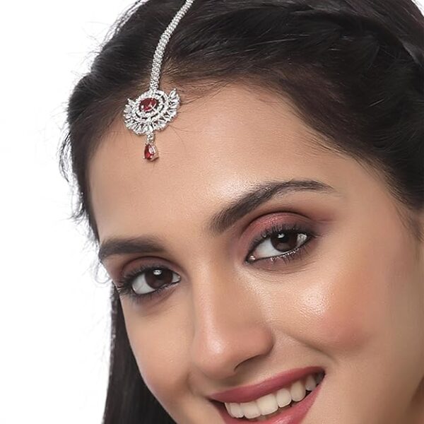 Zeneme Maang Tikka for Women Beautiful AD/American Diamond Studded Rose Gold Plated Crystal Maang Tikka for Women and Girls - Image 5