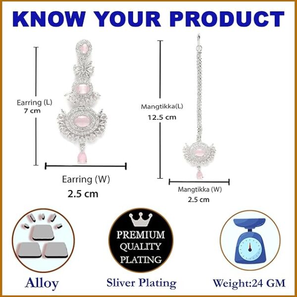 ZENEME Rose Gold Plated American Diamond Studded Maang Tikka & Earrings Jewellery Set For Woment and Girl - Image 2