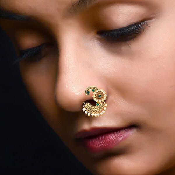 Vighnaharta Gold Plated Green Om shape Moti Pearls with and CZ stone Alloy Maharashtrian Cultural Nath Nathiya./ Nose Pin for women[VFJ1250NTH-TAR - Image 4