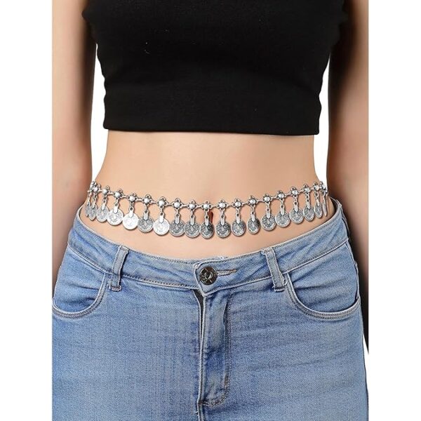 Peora Silver Plated Coin Tassel Kamarband Fancy Dress Belt Belly Chain Contemporary Jewellery for Women & Girls - Image 5