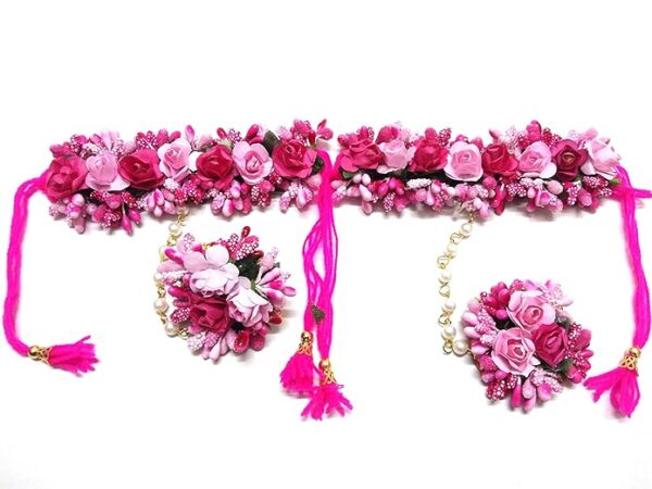 12seasons Flower Jewellery Set for Haldi Baby Shower Mehendi Godbharai Pink Paper Set for Women and Girls - Image 2
